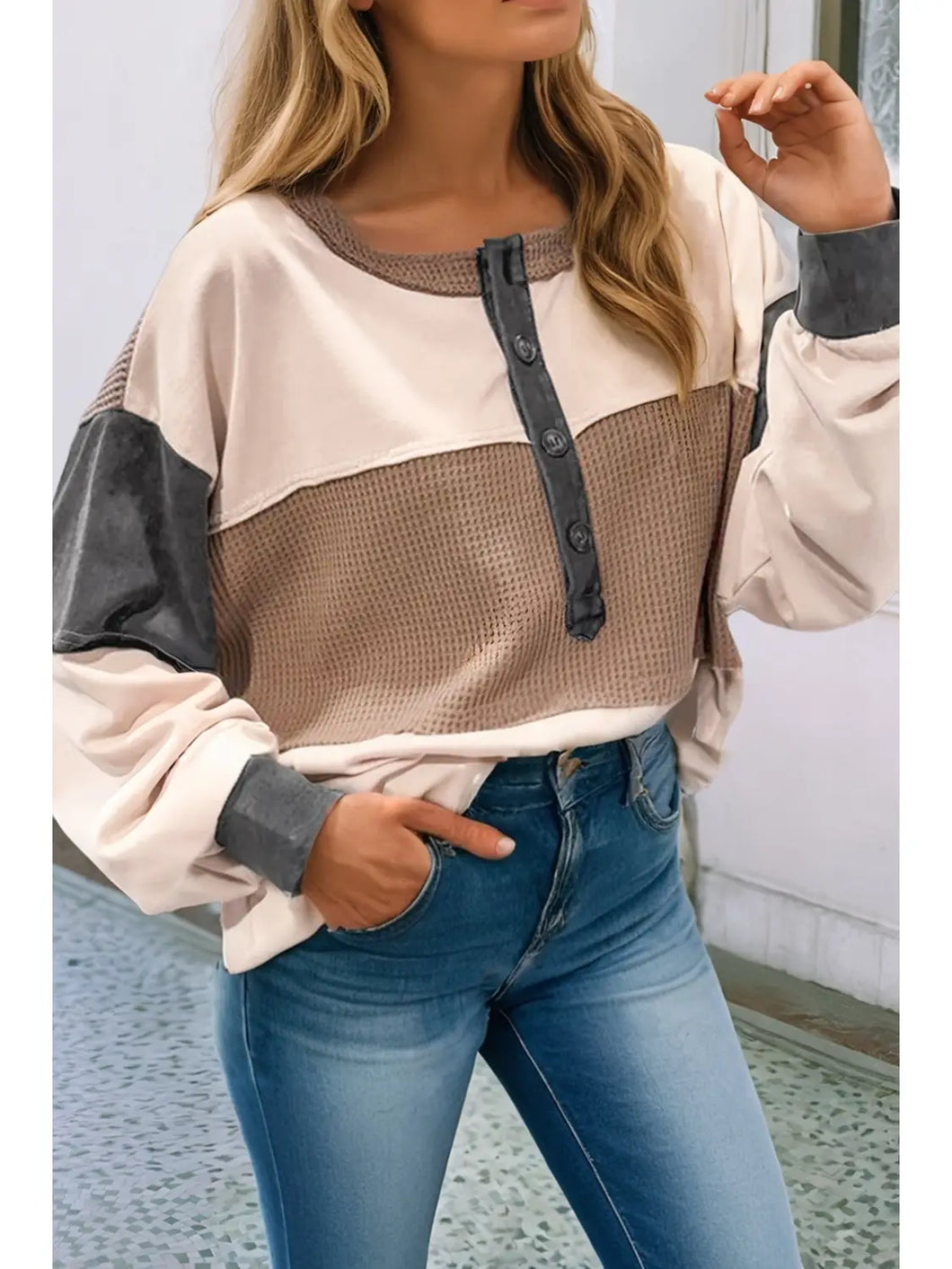 Color Block Waffled Patchwork Loose Henley