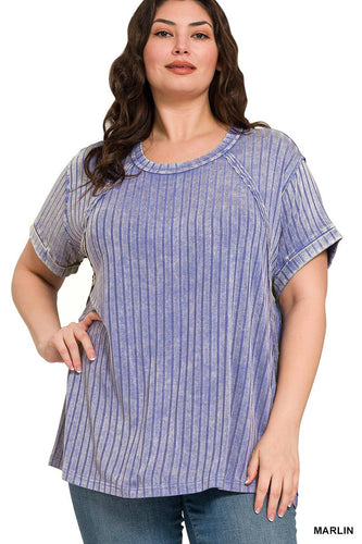 Plus Acid Washed Ribbed Short Sleeve Boat-Neck Marlin
