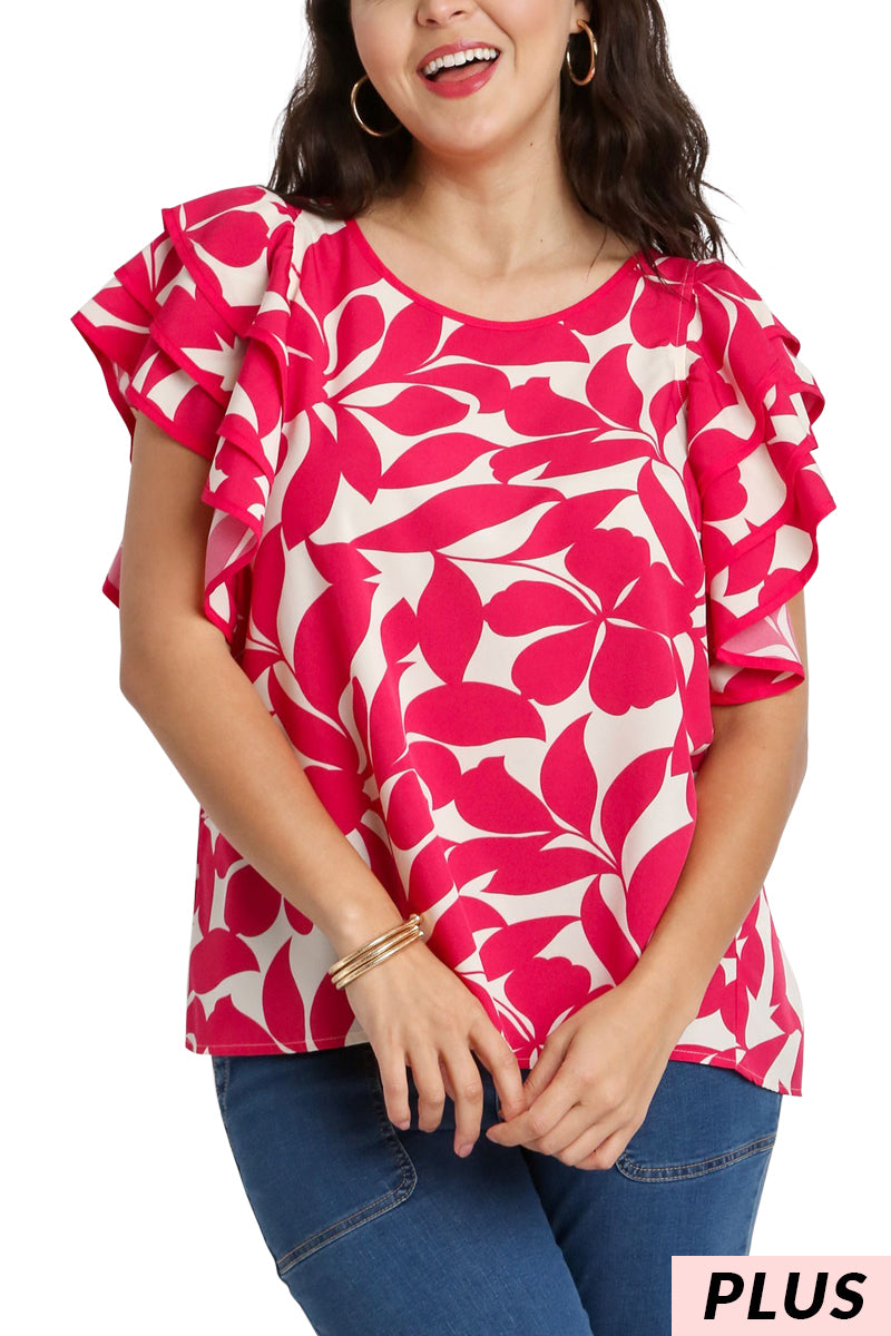 Magenta Floral Ruffle Sleeve Top PLUS