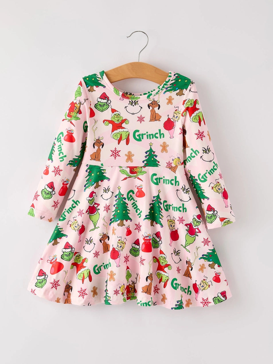 Winter Christmas Character Print Girls Dress