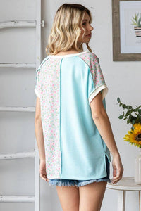 Aqua Floral Colorblock Button Top