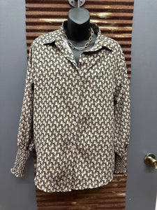 Khaki Pattern Button Up Blouse