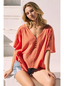 Plus Coral Solid Woven V-Neck Top