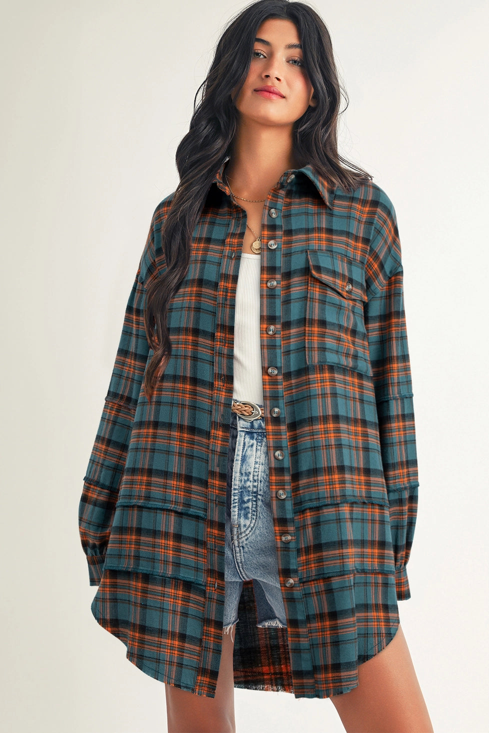 Long Sleeeve Side Split Distressed Shirt Teal