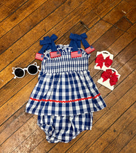 Load image into Gallery viewer, Navy Gingham Flag Tie Bloomer Set