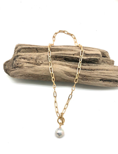 Necklace Matte Gold Paper Clip W/Toggle W/Baroque Pearl 18”