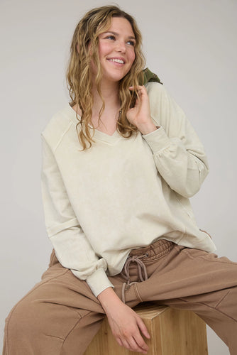 Oatmeal Washed V Neck Exposed Seam Top