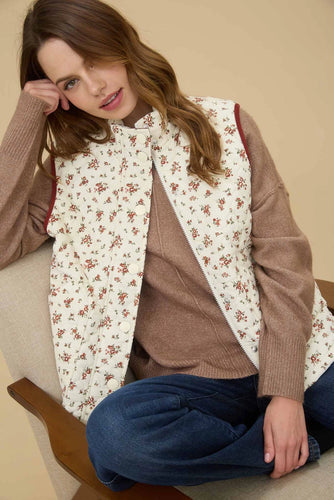 Floral Quilted Zip-Up Puffer Vest Cream