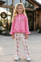 Load image into Gallery viewer, Pink Christmas Long Sleeve Top with Ruffle Hem and Christmas Printed Bottoms.