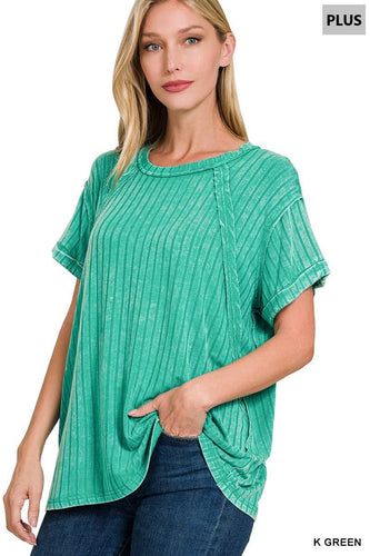 Plus Acid Washed Ribbed Short Sleeve Boat-Neck Aqua