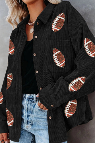 Black Sequin Football  Buttoned Corduroy Shacket