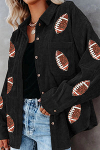 Black Sequin Football  Buttoned Corduroy Shacket