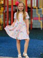 Load image into Gallery viewer, Back To School Rainbow Print Girls Dress Short Sleeve