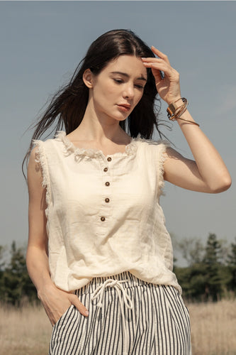 Sleeveless Henley with Raw Hem Sleeves Cream