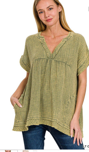 Washed Double Gauze Raw Edge Short Sleeve Shirt Light Olive