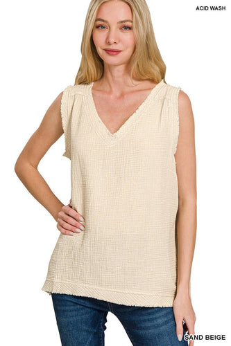 Double Gauze Raw Edge Acid Washed Tank Top Sand Beige