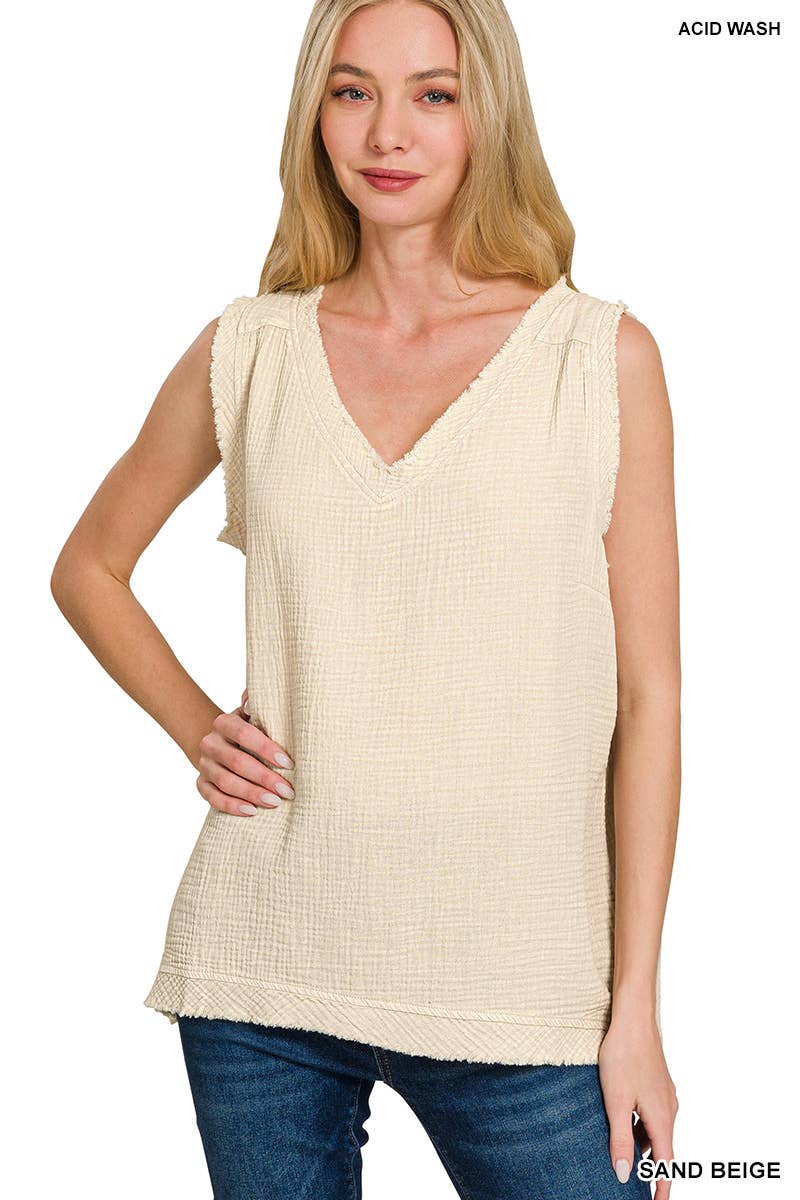 Double Gauze Raw Edge Acid Washed Tank Top Sand Beige