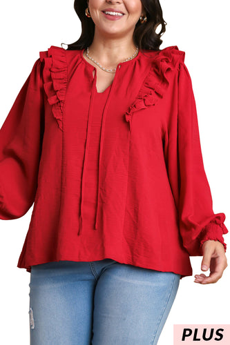 Red Balloon Sleeve Ruffle Top