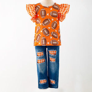 Orange Gingham Distressed Denim