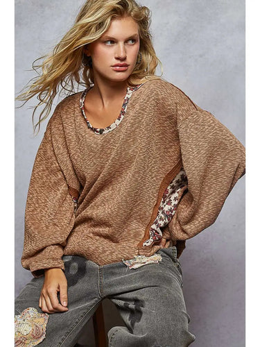 Round Neck Balloon Sleeve Floral Contrast Ribbed Knit Top