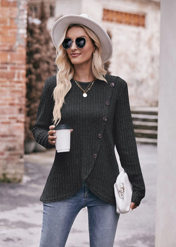 Round Neck Tulip Hem Solid Black Button T-Shirt