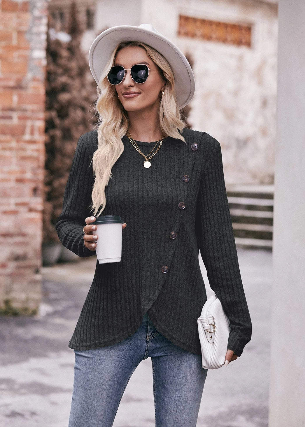 Round Neck Tulip Hem Solid Black Button T-Shirt