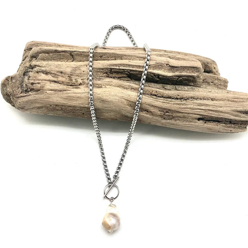 Necklace Stainless Steel Chain W/Toggle &Baroque Pearl 18”