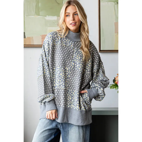 Floral Patterned Funnel Neck Long Sleeve Sweater