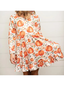 Girls Pumpkin and Floral Twirl Dress