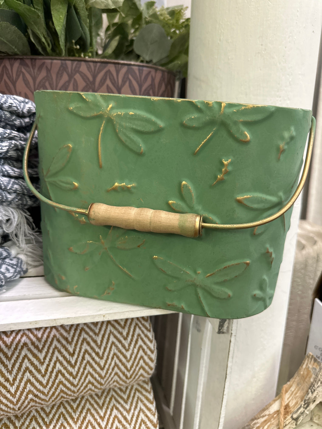 Dragonfly Embossed Distressed Green Metal Oval Bucket