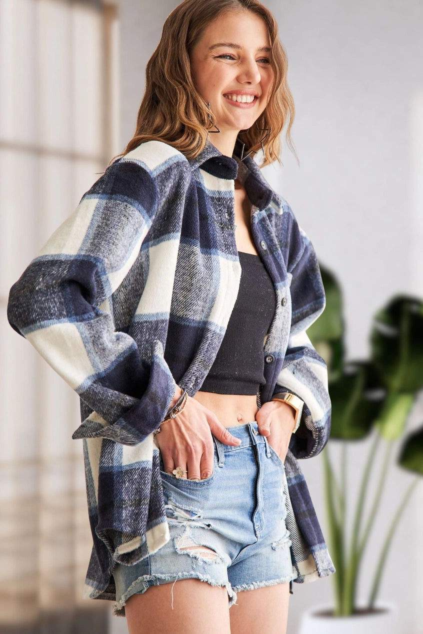 Navy Long Sleeves Plaid Flannel Shacket