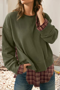 Vintage Plaid Shirt Patchwork Drop Shoulder Sweatshirt