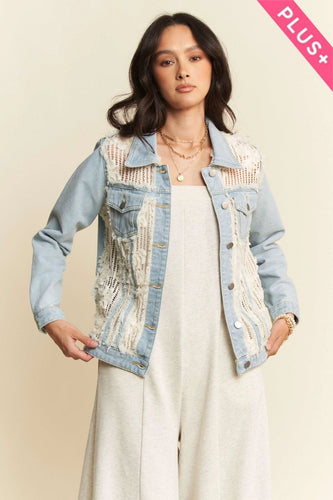 Frayed Lace Panel Denim Jacket Plus
