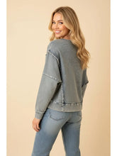 Load image into Gallery viewer, Eyelet Bow Applique Raw Edge Denim Sweatshirt