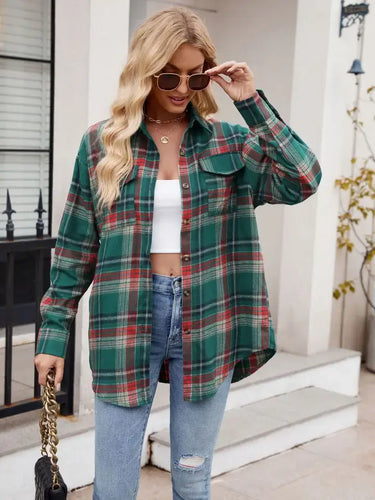 Green Loose Fit Plaid Button Shirt