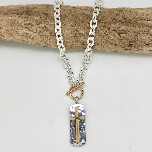 Alloy Plated Silver Linkchain Toggle W/Cross