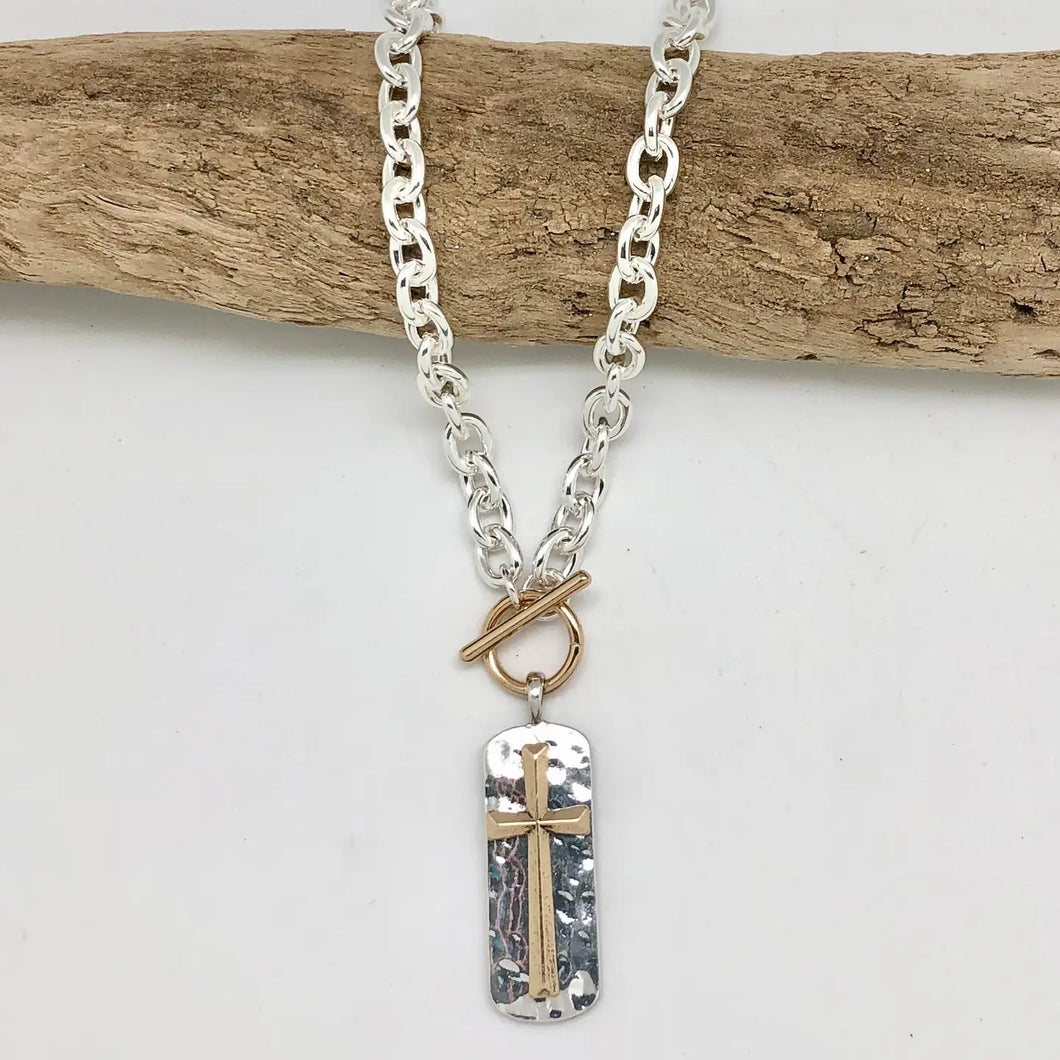 Alloy Plated Silver Linkchain Toggle W/Cross