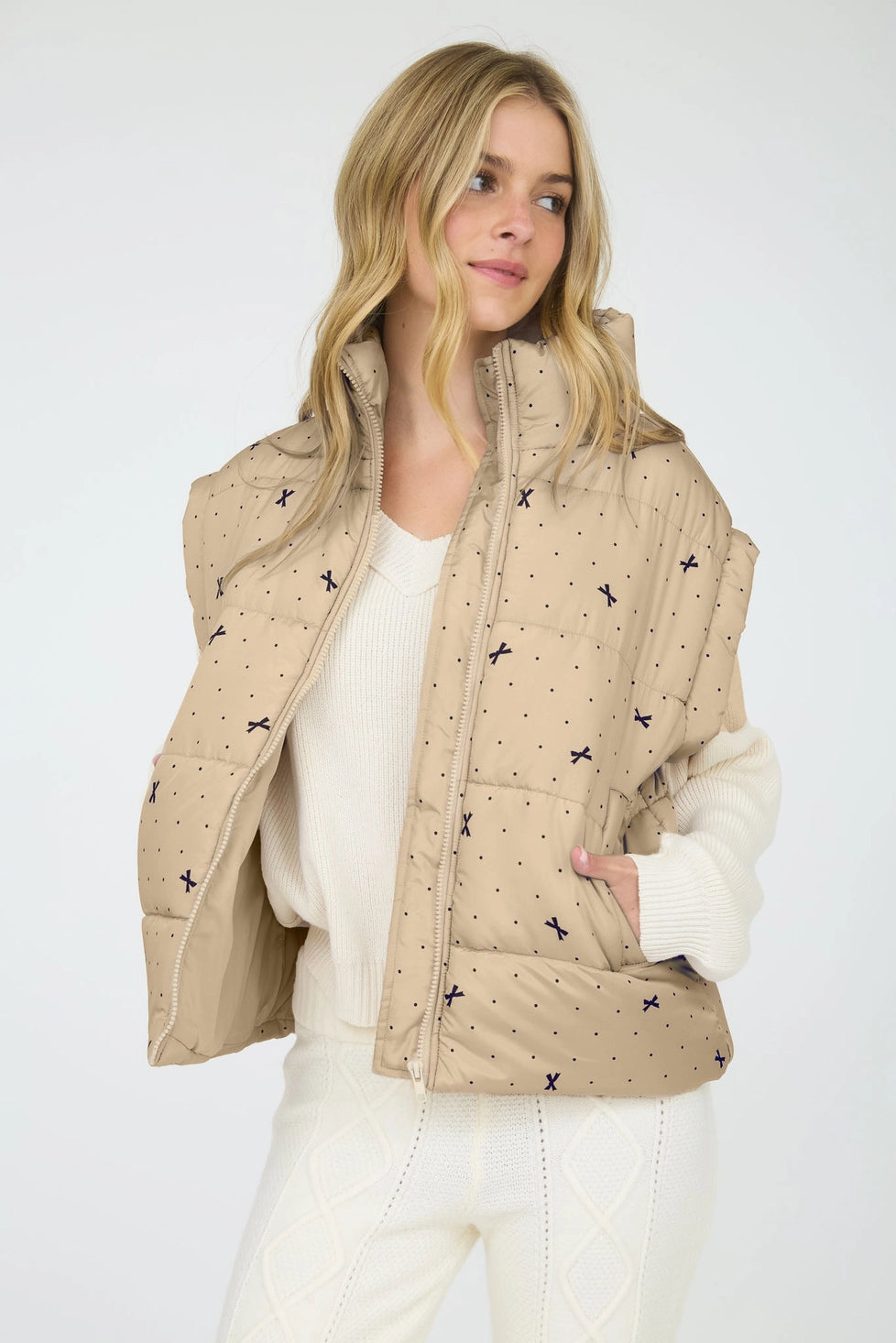 Polka Dot Bow Pattern Zip-Up Puffer Vest Khaki