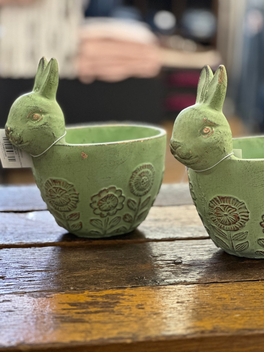 Distressed Green Cement Bunny Planter