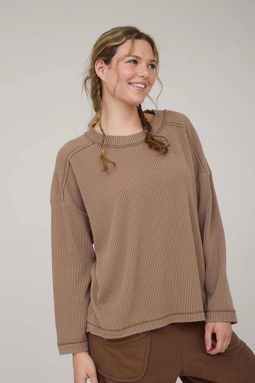 Mocha Ribbed Long Sleeve Crew Neck