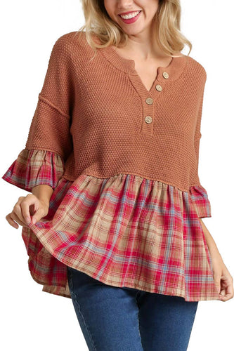 Knitted Mixed Plaid Baby Doll Top With 3/4 Bell Sleeve