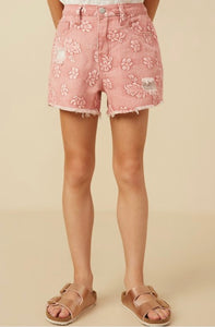 Pink Floral Distressed Denim