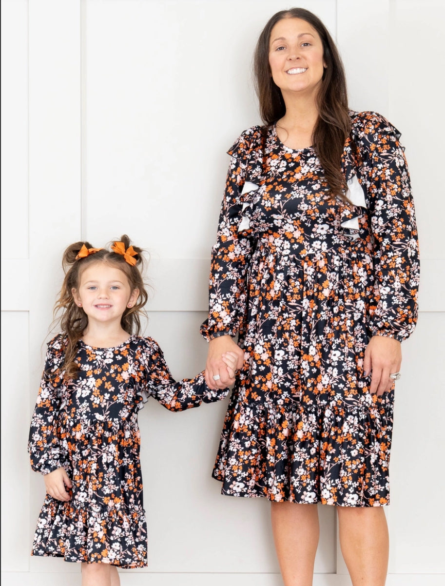 Mommy & Me Black & Bronze Floral Dress