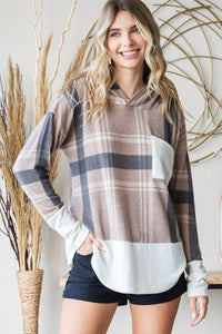 Plus Size Plaid Contrast Hoodie Taupe