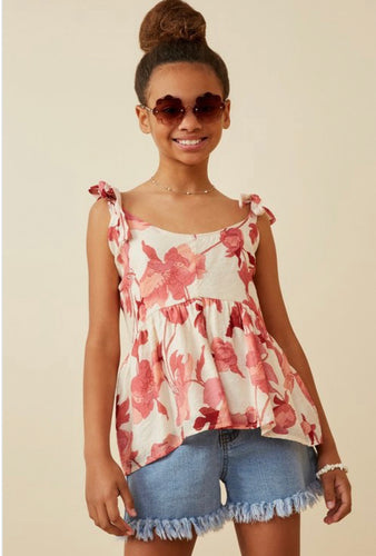 Red Floral Tie Shoulder Top