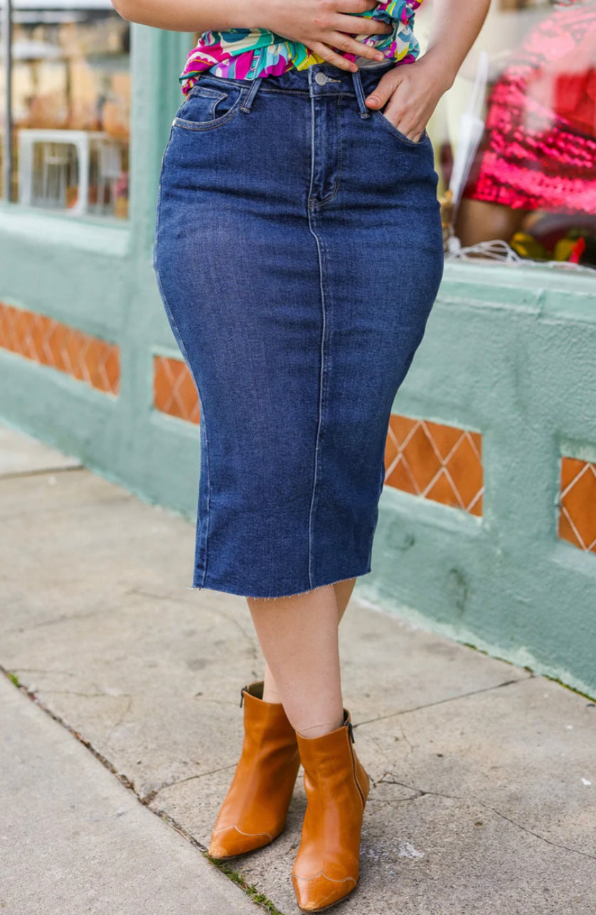 Denim High Rise MIDI Skirt