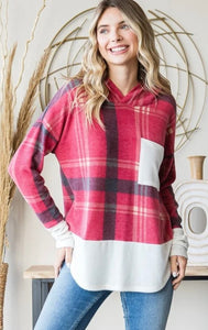 Plus Size Plaid Contrast Hoodie Red