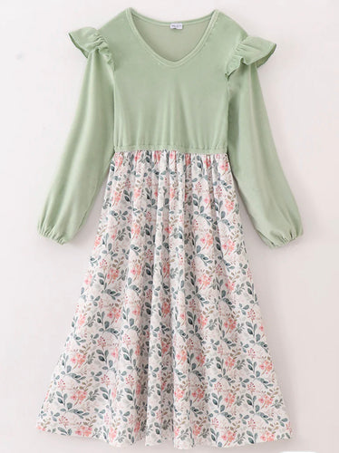 Sage Floral Velvet Ruffle Dress