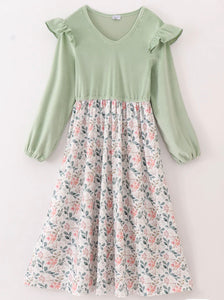 Sage Floral Velvet Ruffle Dress