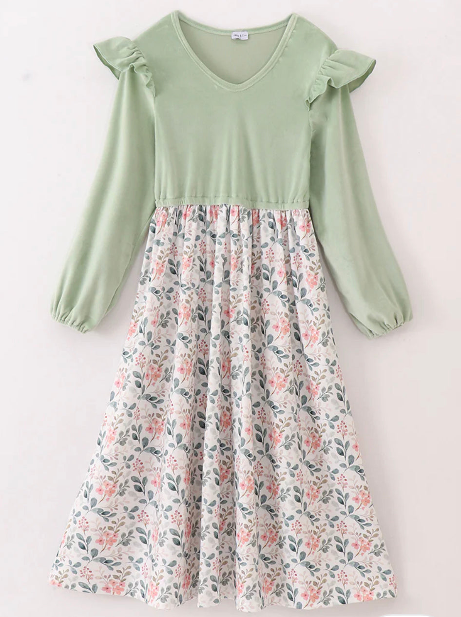 Sage Floral Velvet Ruffle Dress